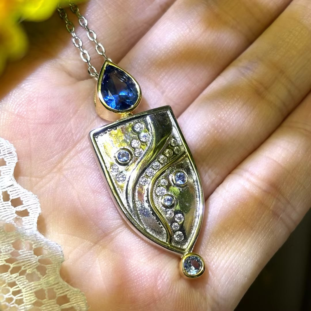 2 CTW Pear & Round Cut Blue Cubic Zirconia Artistic 925 Sterling Silver Pendant Necklace-Joshiny
