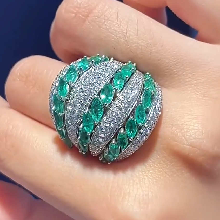 Elegant 6 ctw Marquise & Round Cut Emerald & White Stone Pavé Ring -JOSHINY