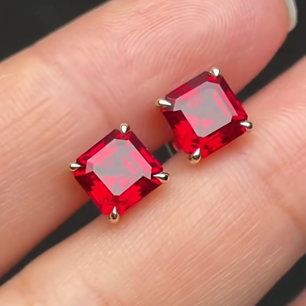 Romantic 2 ctw Square Cut Ruby Stud Earrings -JOSHINY