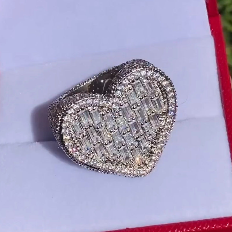 4ct Baguette Cut Pave Set Luxury Hip Hop Heart Gemstone Ring -JOSHINY