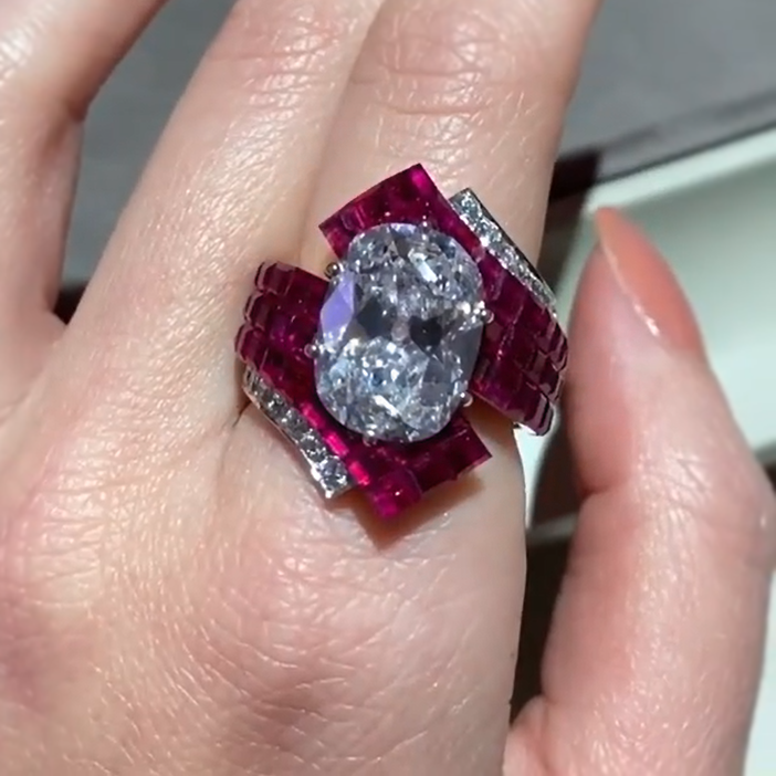 Unique 8 ctw Cushion Cut White Gemstone & Square Cut Ruby Ring -JOSHINY