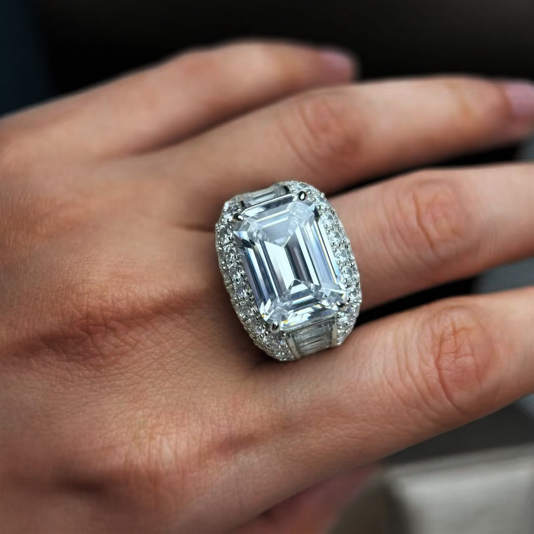 Gorgeous 6 ctw Emerald Cut White Gemstone Pavé Engagement Ring -JOSHINY