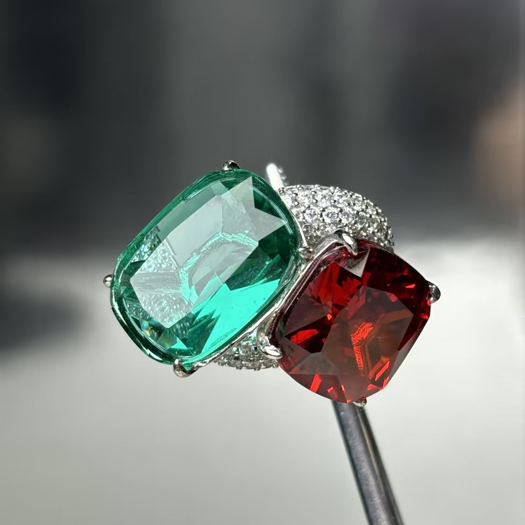 16 CTW Cushion Cut Green & Orange Cubic Zirconia 925 Sterling Silver Ring -JOSHINY