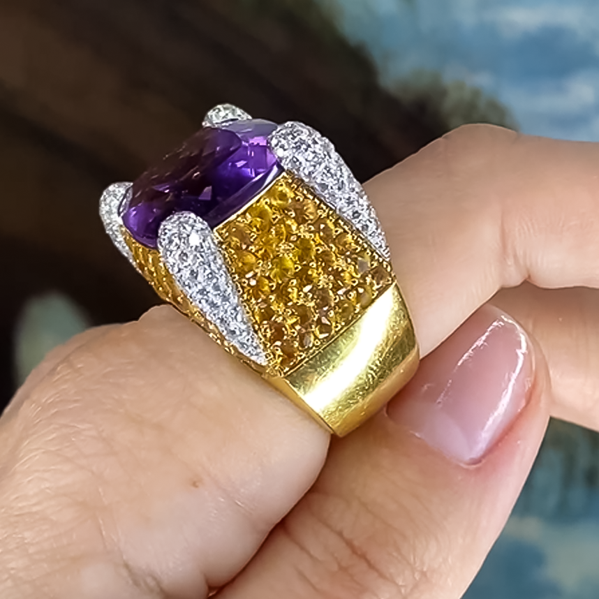 Unique 12 ctw Cushion & Round Cut Purple & Yellow & White Gemstone Pavé Cocktail Ring -JOSHINY