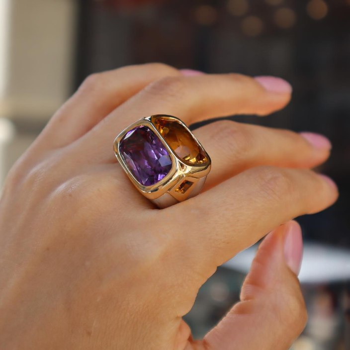 Unique 12 ctw Cushion Cut Blue & Purple & Yellow Gemstone Two Stone Cocktail Ring -JOSHINY