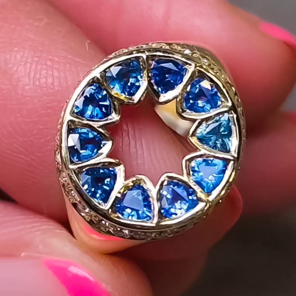 Unique 3 ctw Triangle Cut Sapphire Halo Ring -JOSHINY