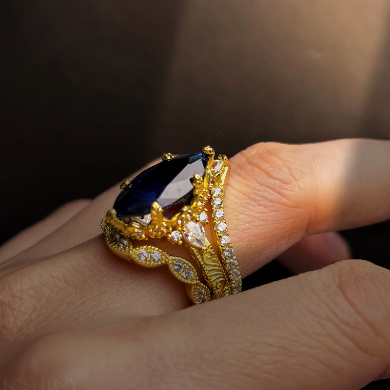 5.96ctw Marquise-cut Blue Sapphire Art Deco Ring Set-JOSHINY