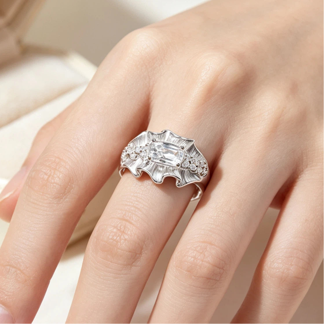 1 CTW Octagon Cut White Cubic Zirconia Artistic 925 Sterling Silver Engagement Ring-JOSHINY
