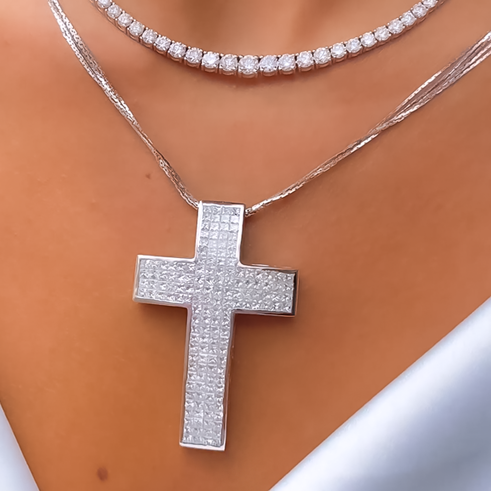 Stylish 5 ctw Square Cut White Gemstone Pavé Cross Necklace -JOSHINY