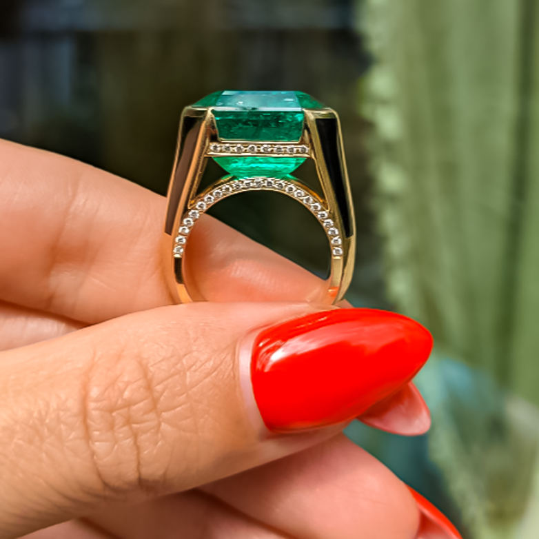 Unique 7 ctw Emerald Cut Emerald Black Enamel Ring -JOSHINY