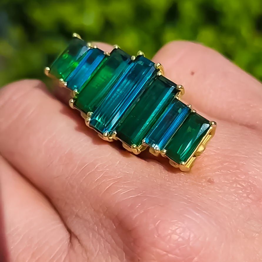 Unique 7 ctw Baguette Cut Emerald Seven Stone Ring -JOSHINY