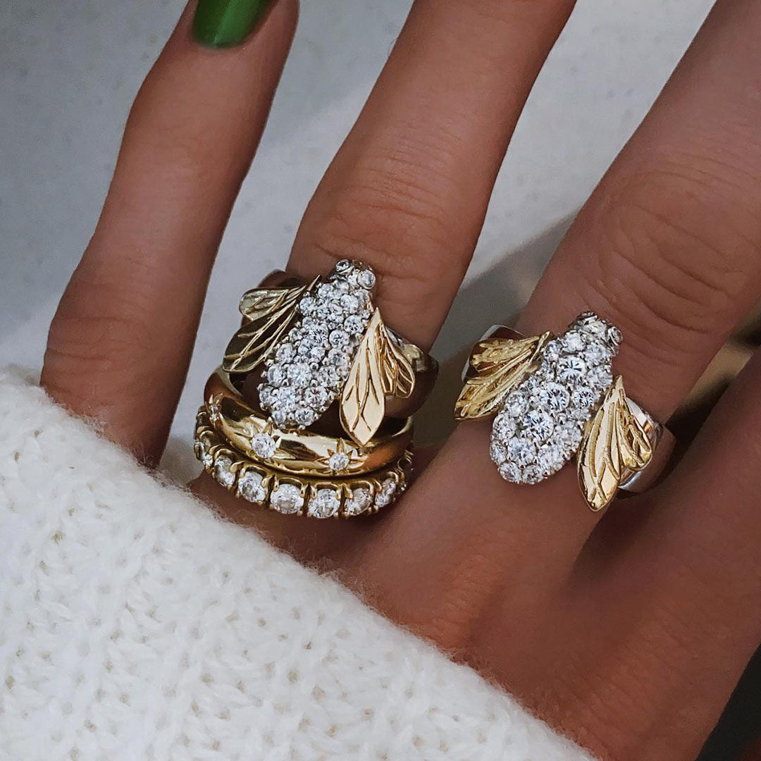 0.85ctw Round Cut Pave Set Two Tone Vintage Bee Ring -JOSHINY