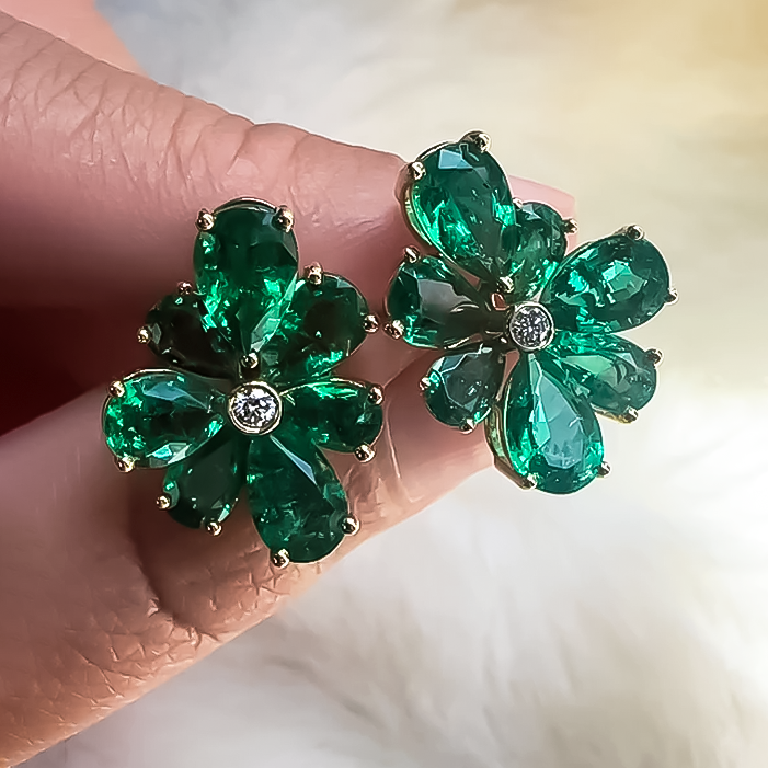 Exquisite 12 ctw Pear Cut Emerald Flower Earrings -JOSHINY