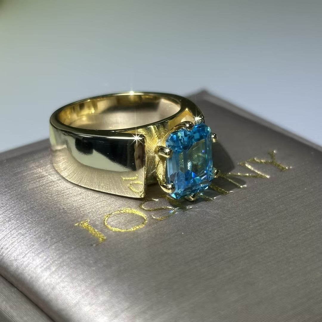 4 Carat Emerald-Cut Aquamarine & Sapphire Engagement Ring