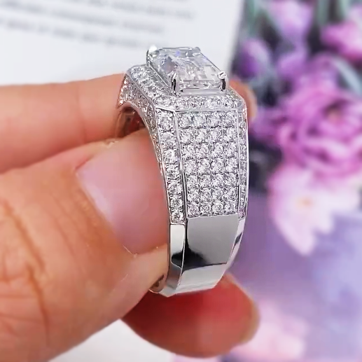 Gorgeous 6 ctw Emerald Cut White Gemstone Pavé Set Ring -JOSHINY