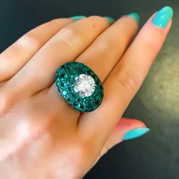 Vintage 8 ctw Round Cut White Gemstone & Emerald Cocktail Ring -JOSHINY