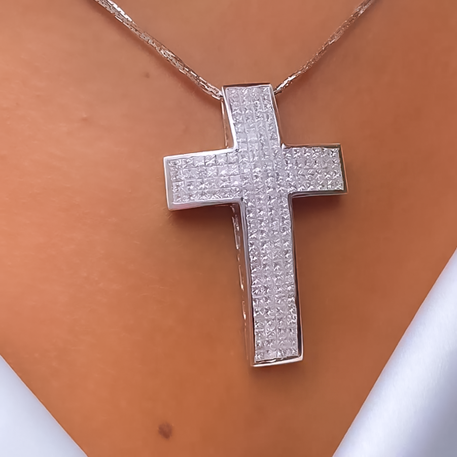 Stylish 5 ctw Square Cut White Gemstone Pavé Cross Necklace -JOSHINY