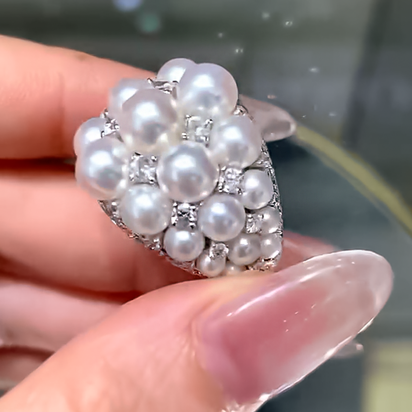 Elegant 2 ctw Round Cut White Gemstone & Pearl Cluster Cocktail Ring -JOSHINY