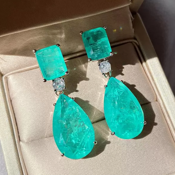 Simple 14 ctw Emerald & Pear Cut Paraiba & Emerald Gemstone Earrings -JOSHINY