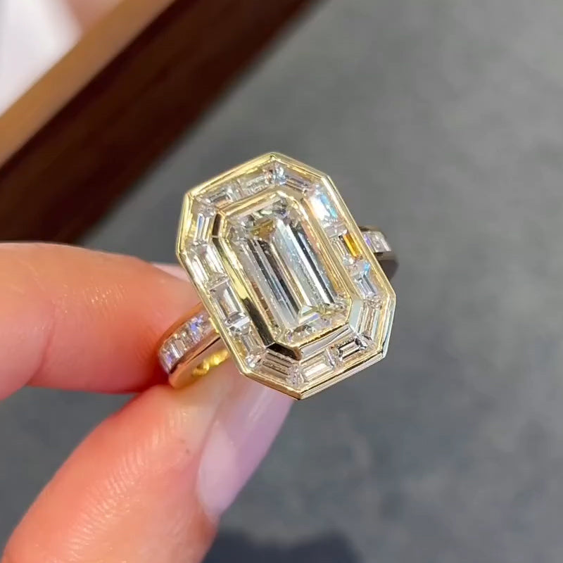 5.0ct Emerald Cut Baguette Side Bezel Gemstone Ring -JOSHINY