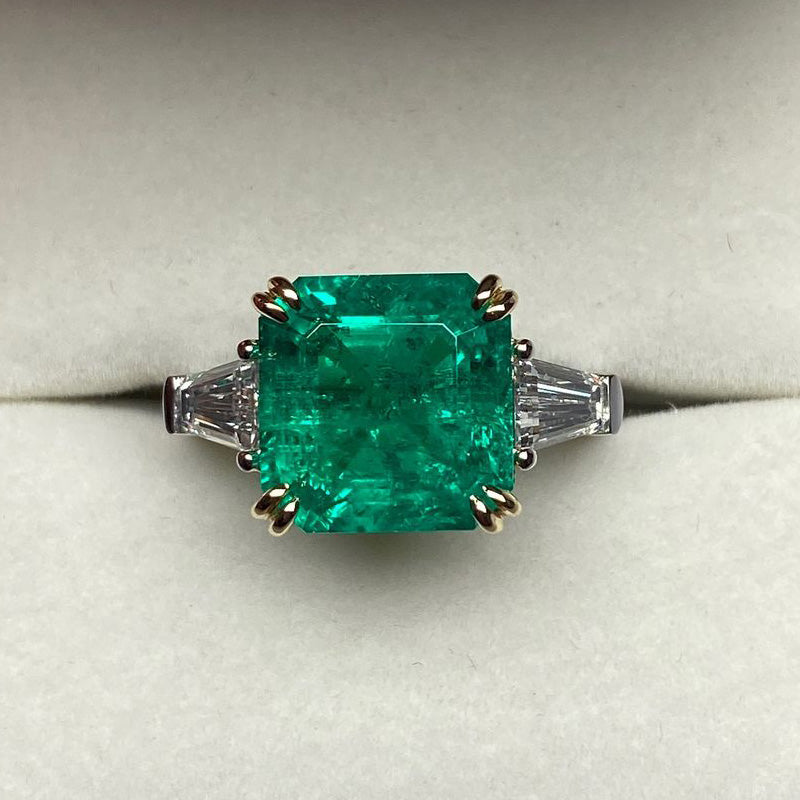 6.5ct Square Emerald 3 Stone Engagement Ring -JOSHINY