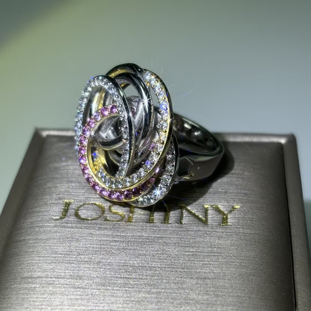 Unique 1 ctw Round Cut White & Pink Gemstone Two-Tone Ring -JOSHINY