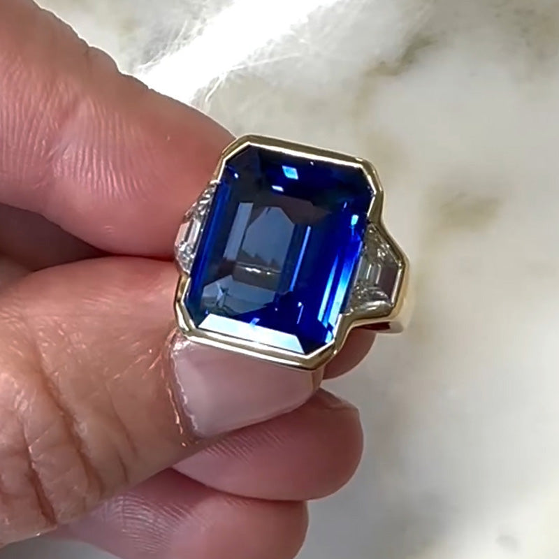 4 ct Emerald Cut Blue Gemstone Three Stone Engagement Ring -joshiny