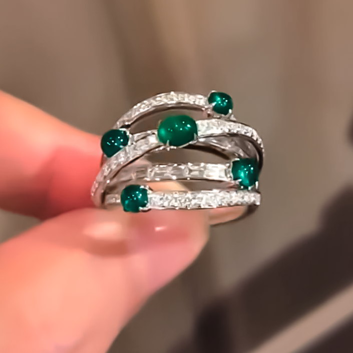 Elegant 5 ctw Multi-Cut Emerald & White Gemstone Twist Ring -JOSHINY