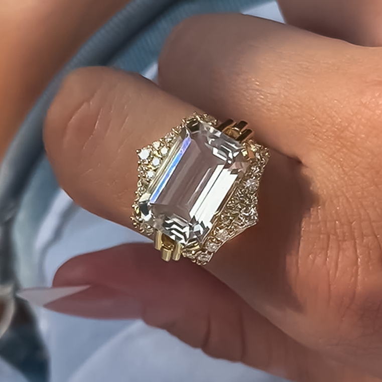 Unique 12 ctw Emerald Cut White Gemstone Engagement Ring -JOSHINY