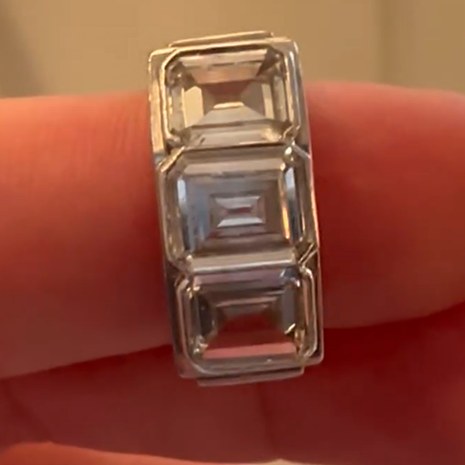 Simple 5 ctw Emerald Cut White Gemstone Tri-Stone Ring -JOSHINY