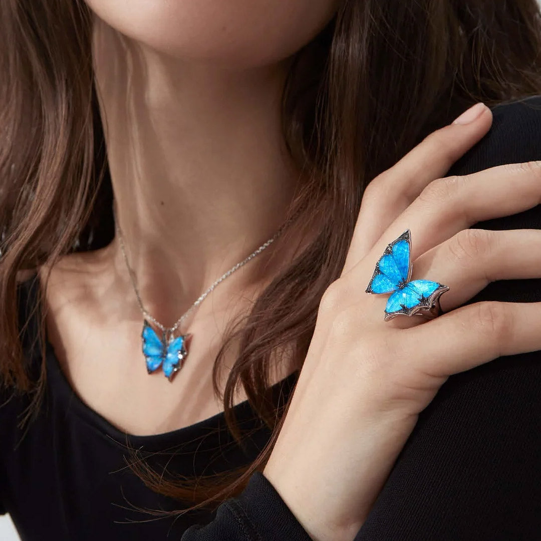 Blue opal crystal butterfly ring, necklace, and earring set-JOSHINY
