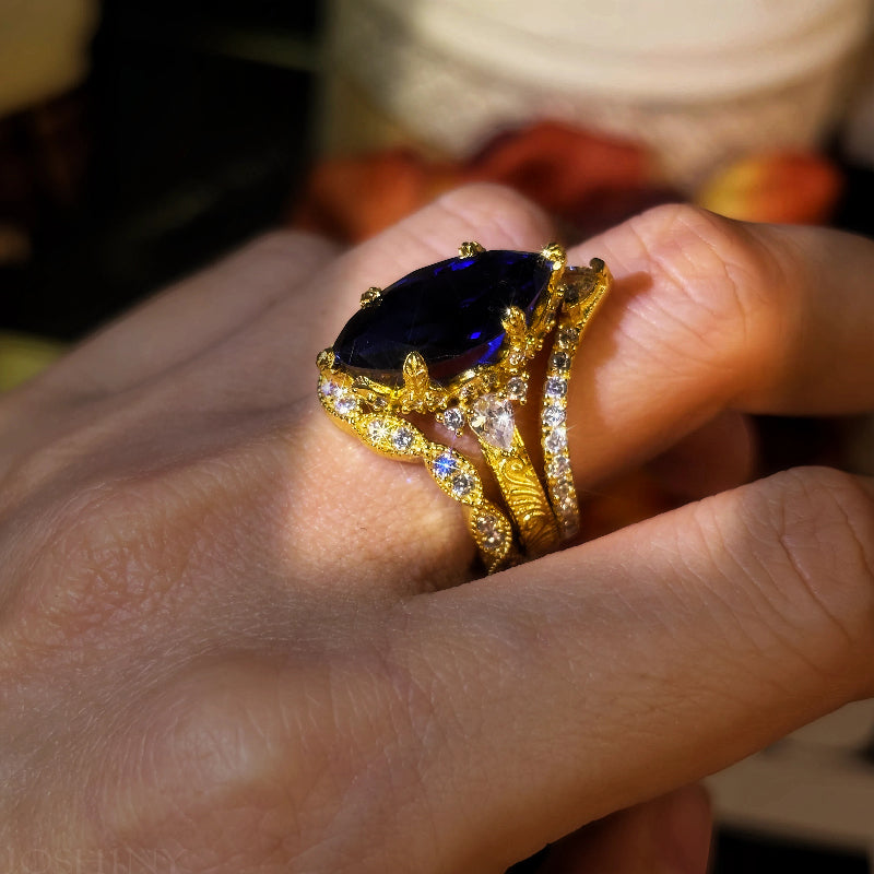 5.96ctw Marquise-cut Blue Sapphire Art Deco Ring Set-JOSHINY