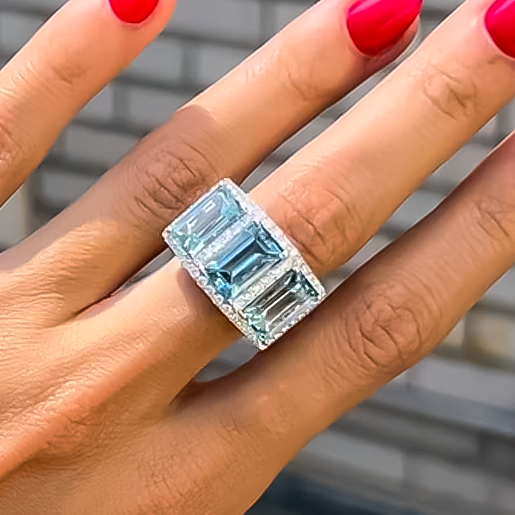 Exquisite 12 ctw Emerald Cut Light Blue Gemstone Three Stone Cocktail Ring -JOSHINY