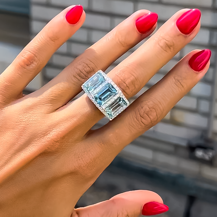 Exquisite 12 ctw Emerald Cut Light Blue Gemstone Three Stone Cocktail Ring -JOSHINY