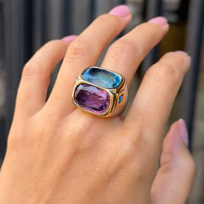 Unique 12 ctw Cushion Cut Blue & Purple & Yellow Gemstone Two Stone Cocktail Ring -JOSHINY