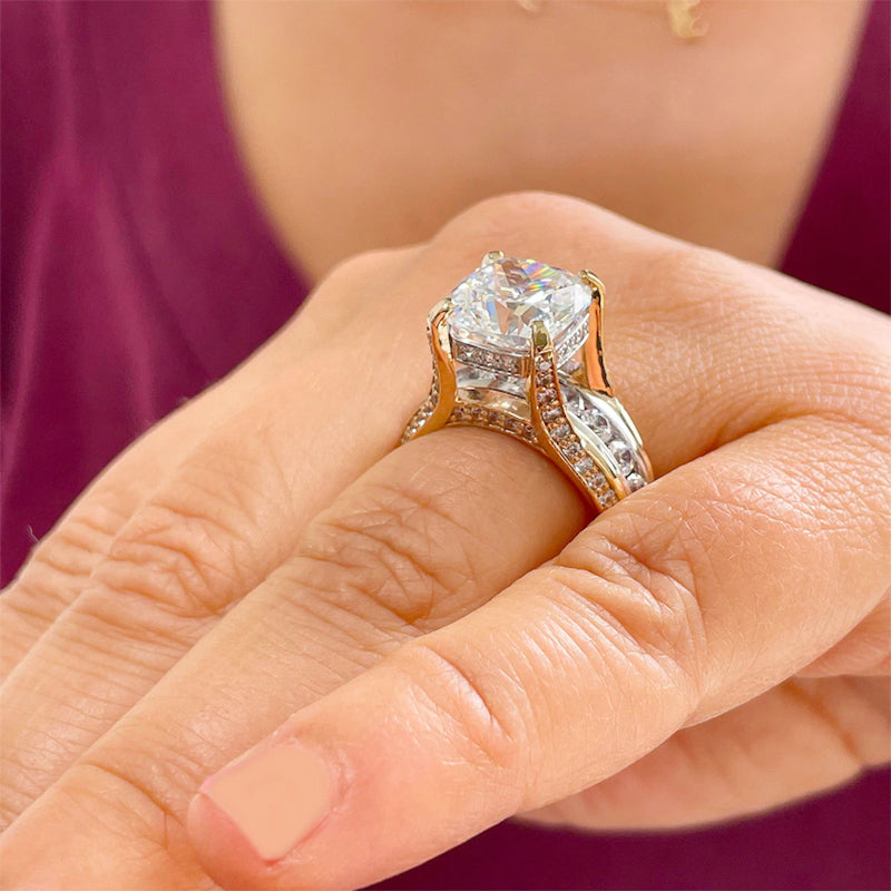 6.5ctw Cushion and Round Cut Gold, Silver and Two Colour Diamond Engagement Ring -JOSHINY