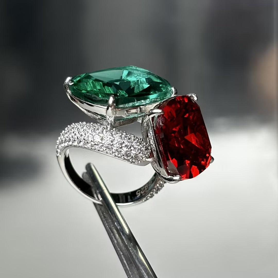 16 CTW Cushion Cut Green & Orange Cubic Zirconia 925 Sterling Silver Ring -JOSHINY