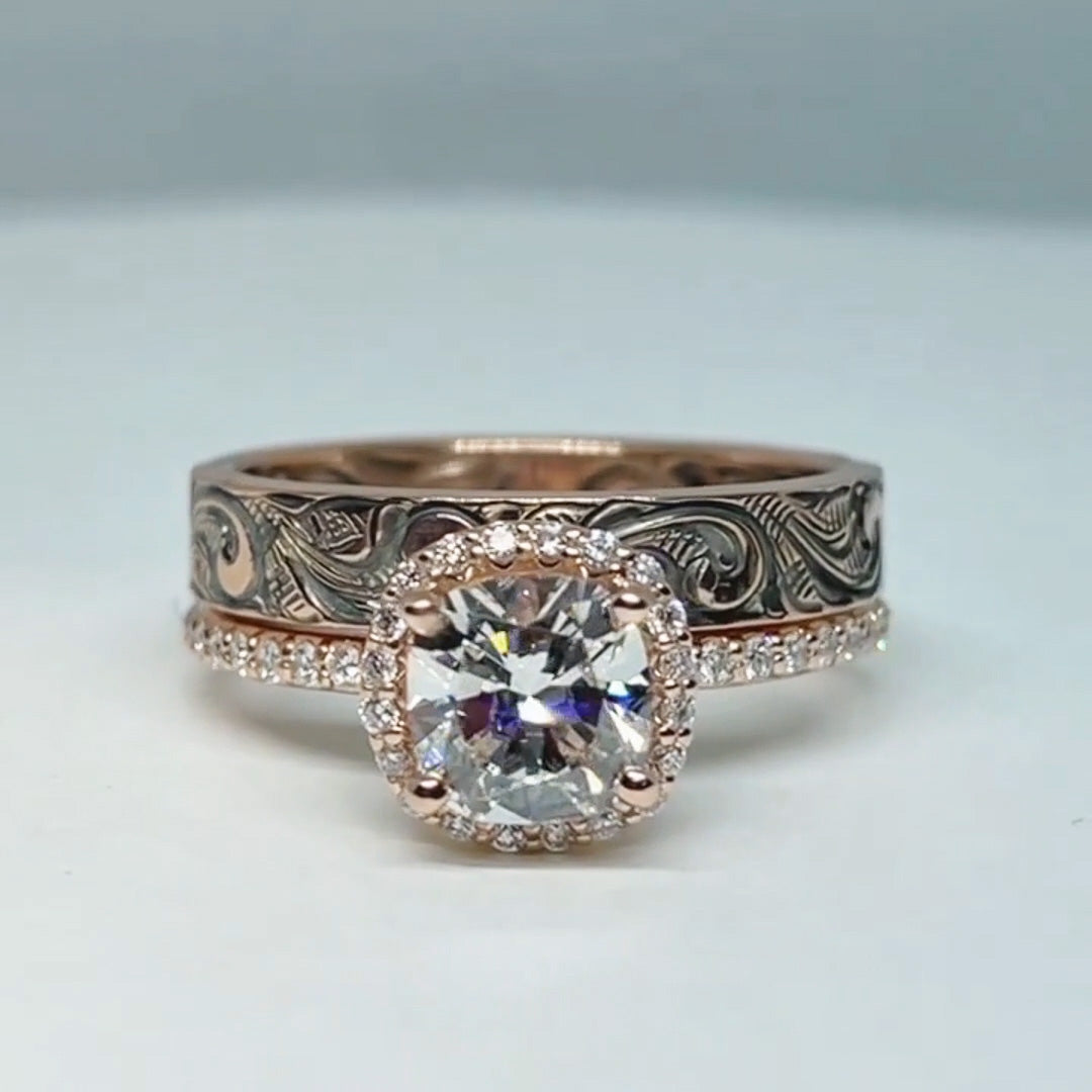 3.0ctw Cushion Cut Vintage Style Rose Gold Stacked Engagement Ring -JOSHINY