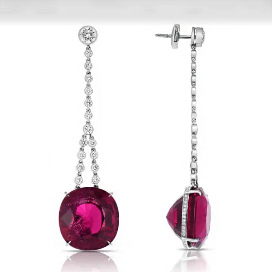 Elegant 6 ctw Cushion & Round Cut Ruby & White Gemstone Chandelier Earrings -JOSHINY