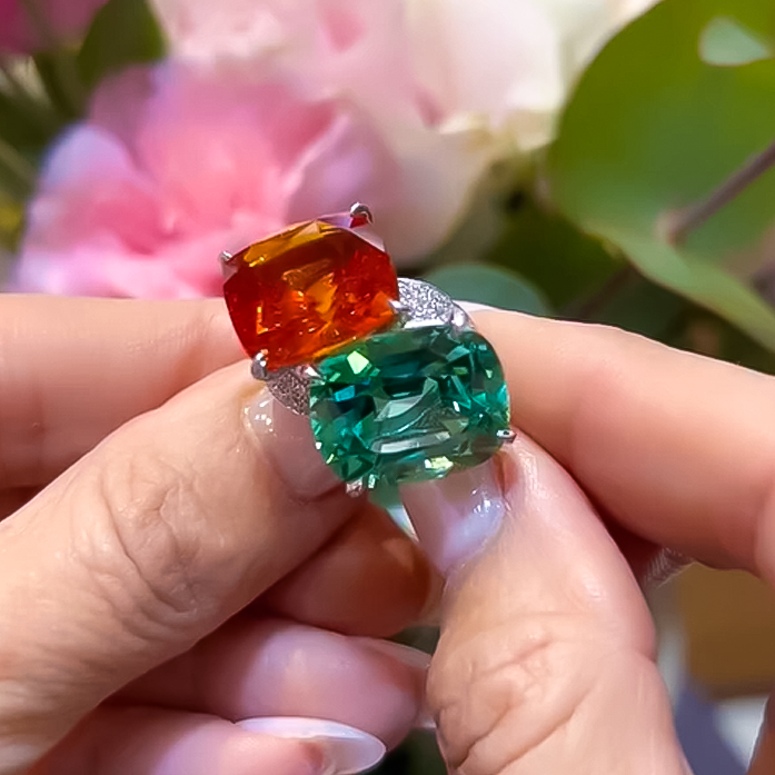 Unique 16 ctw Cushion Cut Emerald & Orange Gemstone Two-Stone Cocktail Ring -JOSHINY