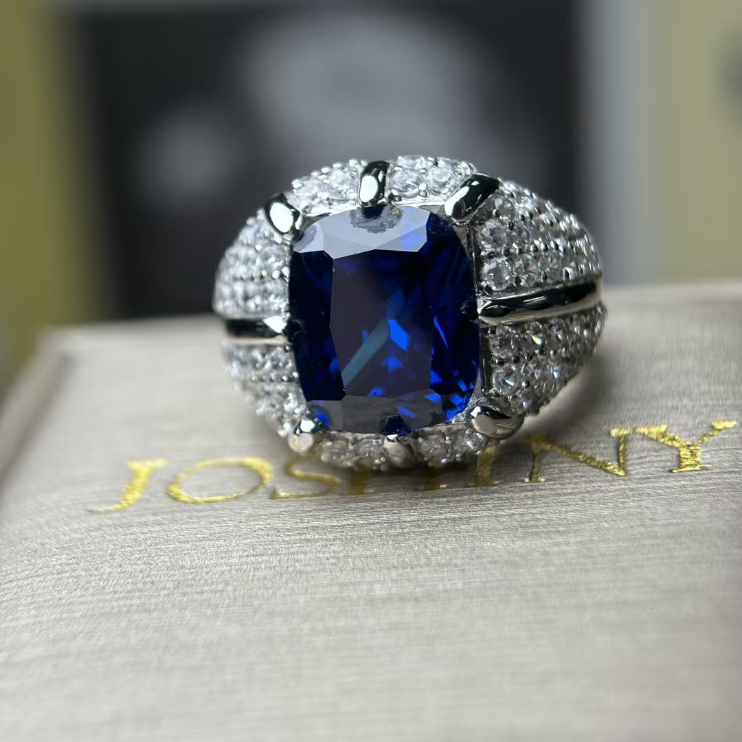 Elegant 8 ctw Emerald Cut Emerald Gemstone & Cushion Cut Sapphire Cocktail Ring -JOSHINY