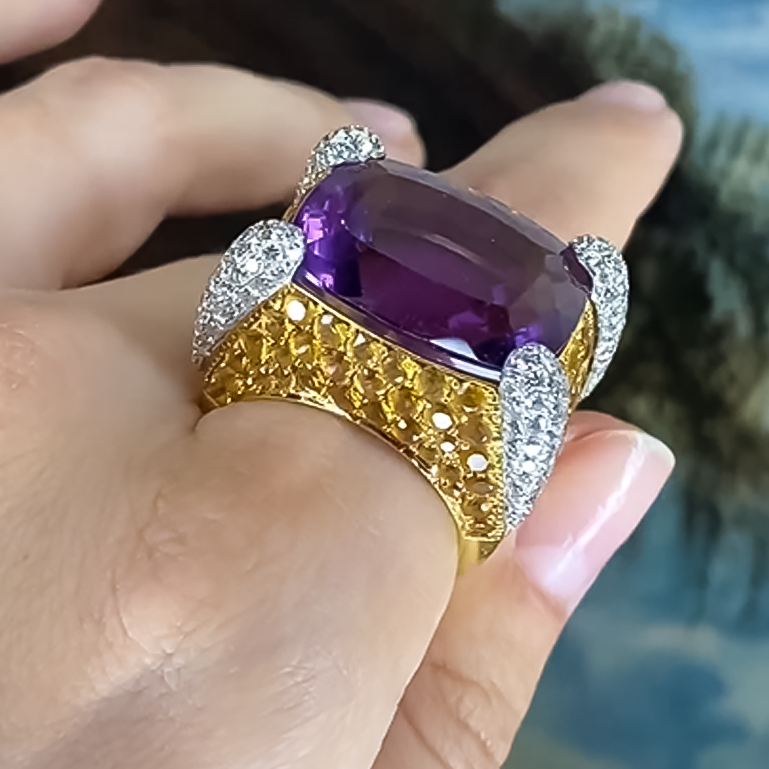 Unique 12 ctw Cushion & Round Cut Purple & Yellow & White Gemstone Pavé Cocktail Ring -JOSHINY