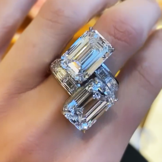 Unique 12 ctw Emerald Cut White Gemstone Two-Stone Ring -JOSHINY