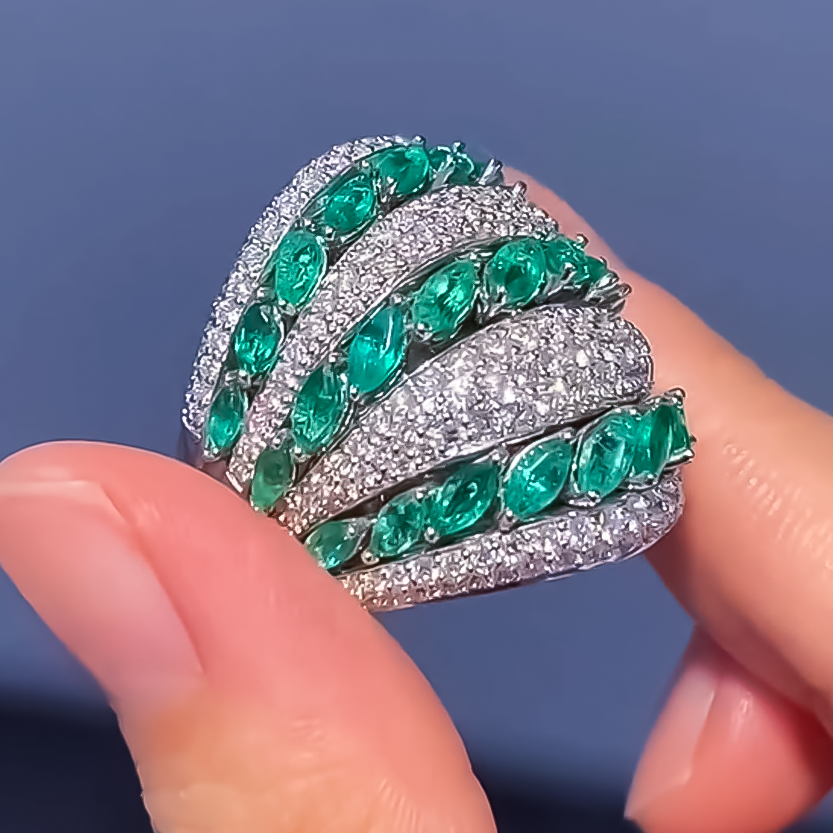 Elegant 6 ctw Marquise & Round Cut Emerald & White Stone Pavé Ring -JOSHINY