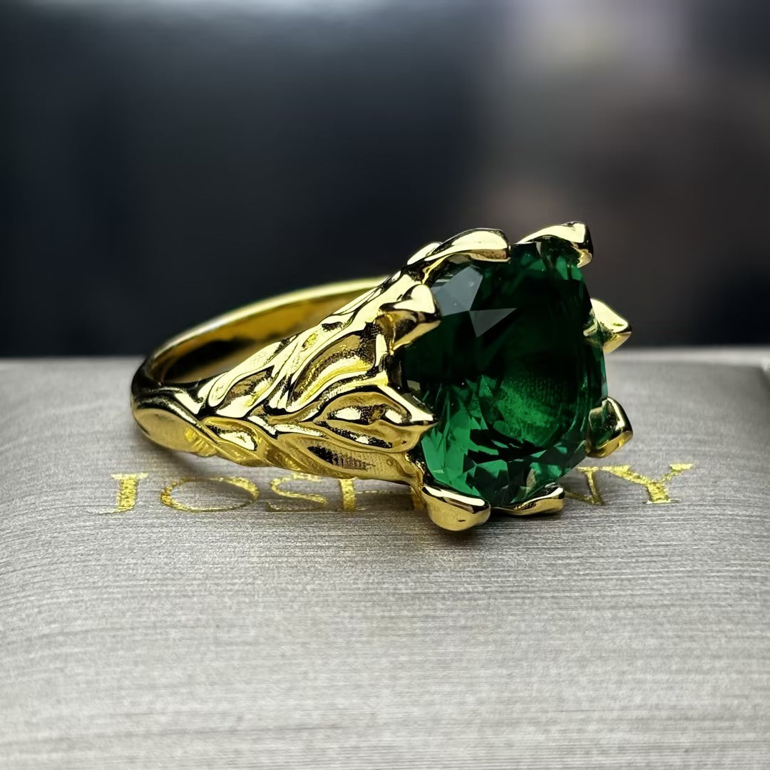 4Ctw Gold Leaf Carved Emerald Ring-JOSHINY