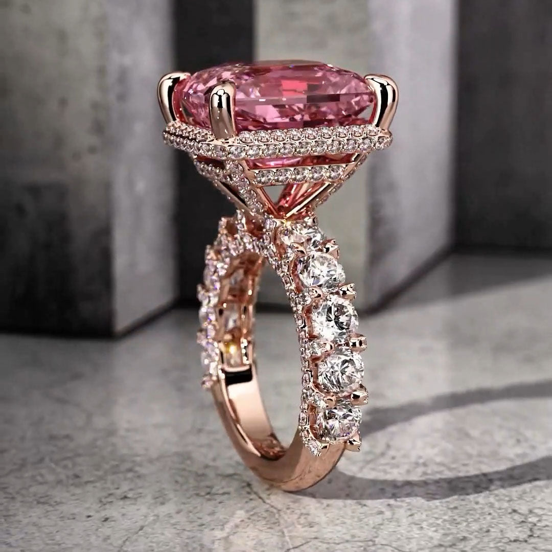 10ctw Radiant Cut Pink Morganite Rose Gold Ring -JOSHINY