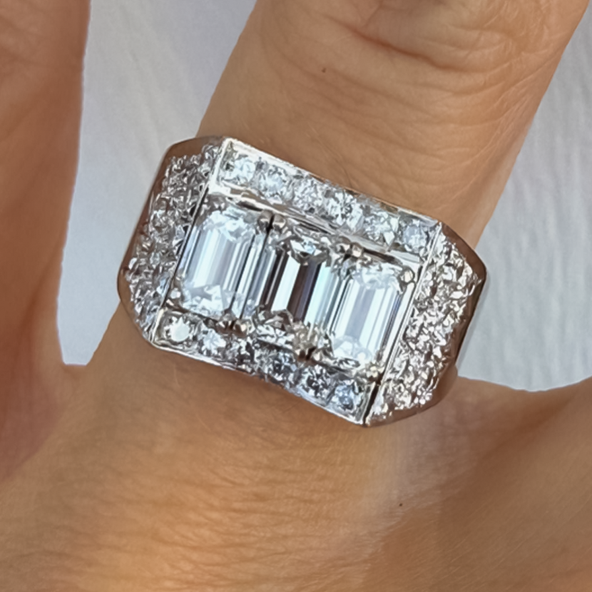 Unique 1.5 ctw Emerald Cut White Gemstone Tri-Stone Ring -JOSHINY