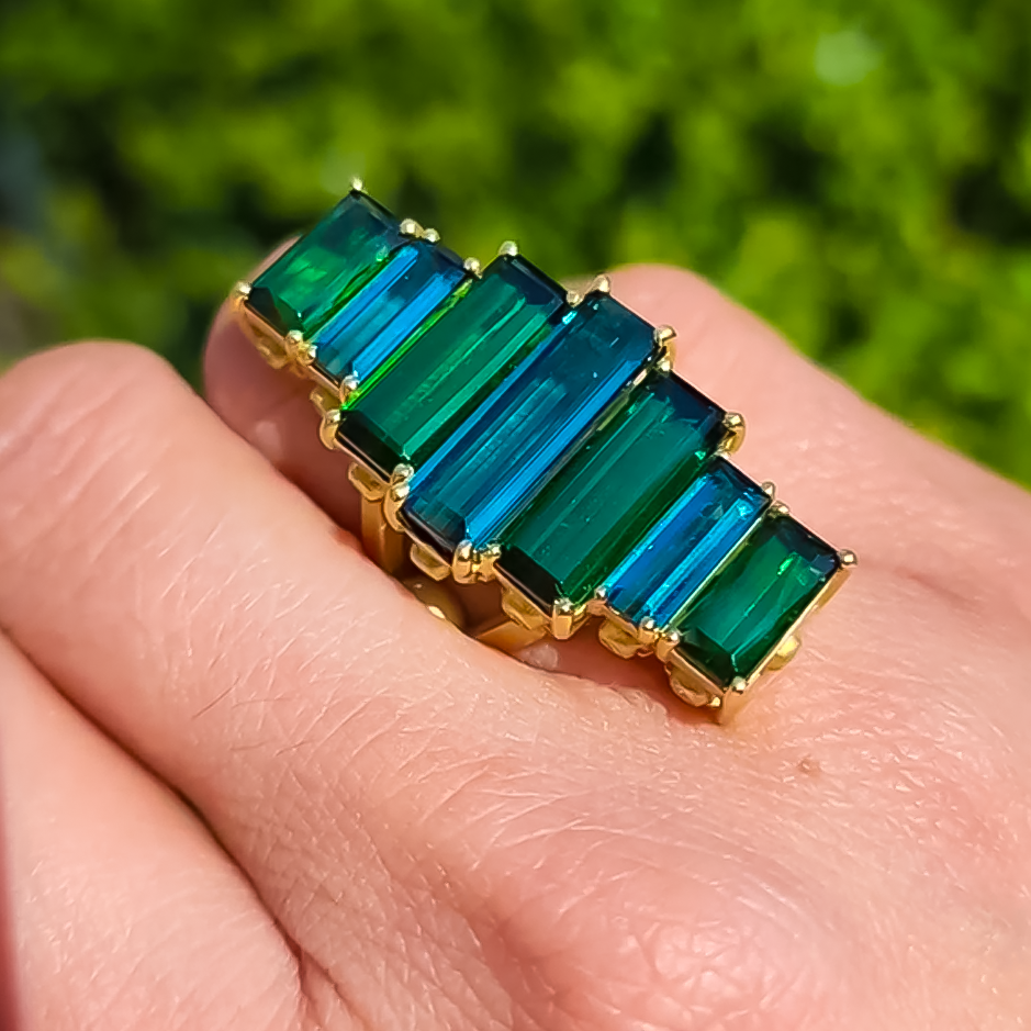 Unique 7 ctw Baguette Cut Emerald Seven Stone Ring -JOSHINY