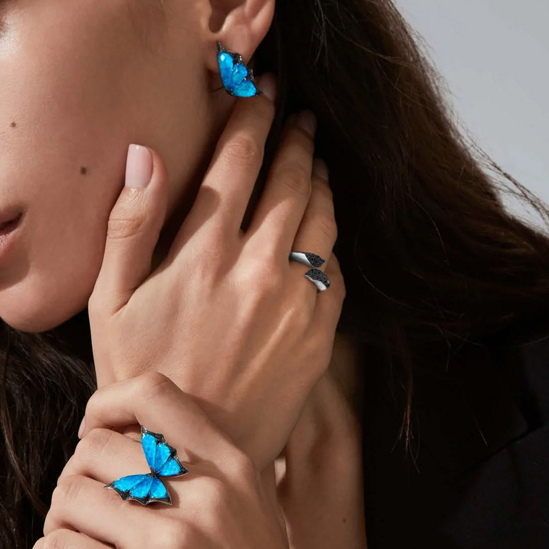 Blue opal crystal butterfly ring, necklace, and earring set-JOSHINY