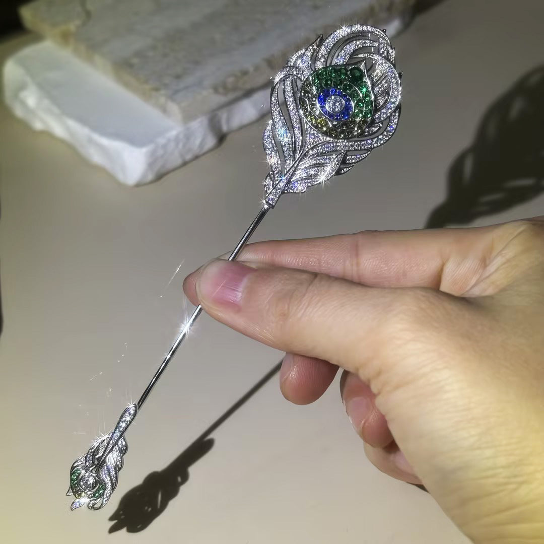 Peacock feather gemstone brooch-JOSHINY